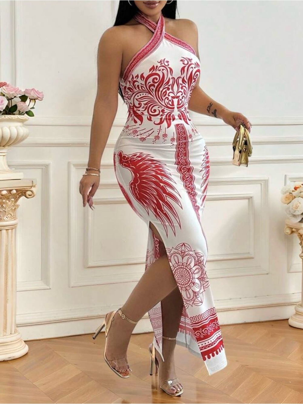 Red & White Halter Bodycon Dress with Phoenix Print Sz L